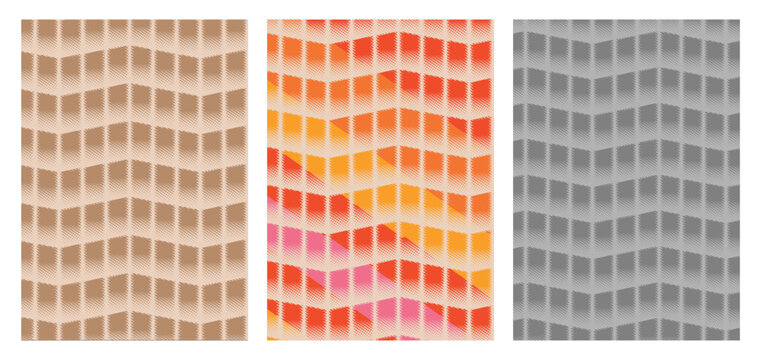 Set of three modern 3D geometric chevron grid patterns in beige, vibrant orange pink gradient, and grey. Abstract vector backgrounds for modern textile, wallpaper, and cover design