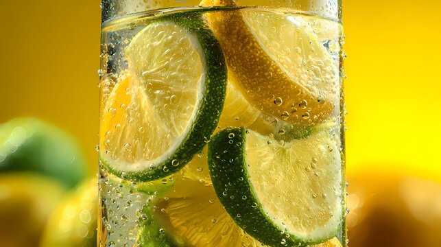 Lemon slices float in a cold glass drink.
