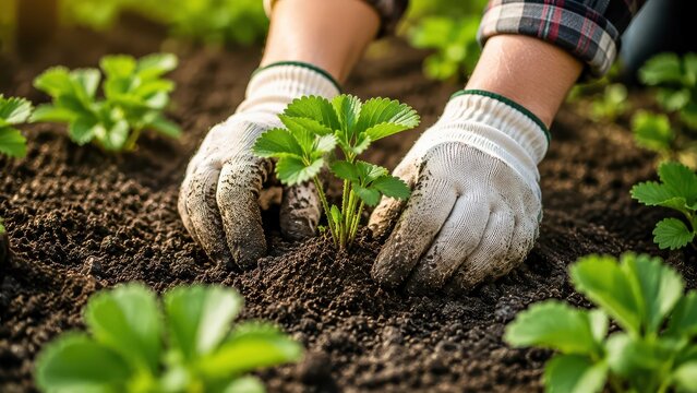Hands wearing gardening gloves carefully plant a young seedling in rich, dark soil, surrounded by other budding plants