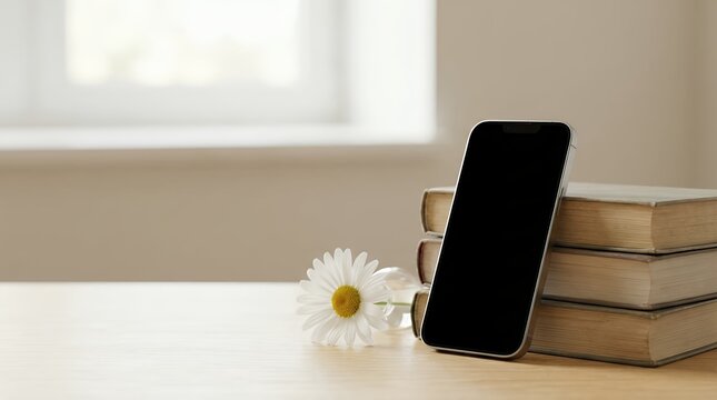 A Modern Smartphone with a Blank Empty Screen Leaning Against a Stack of Books with a Fresh Daisy Flower Nearby. Vertical Copy Space. smartphone phone mobile screen empty blank mockup display books