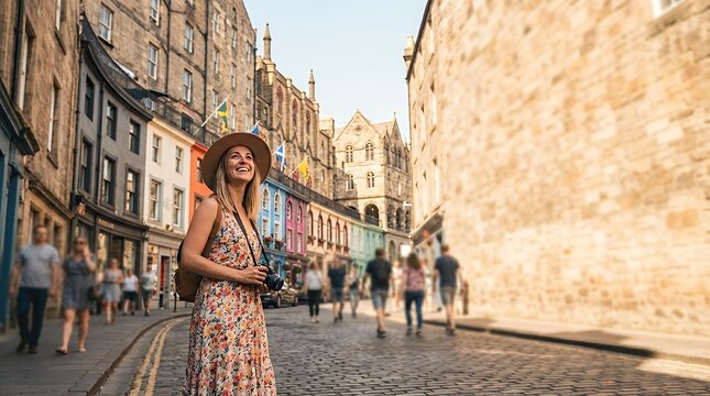 A modern and beautiful tourist spending an excited day visiting the picturesque Victoria Street in Edinburgh dressed in a lovely dress enjoying the architectural beauty on a sunny summer day. modern