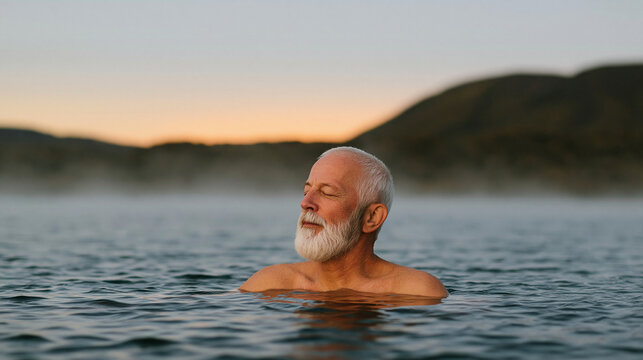 Elderly man relaxing in natural hot spring water at sunset  