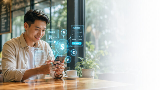 Entrepreneur using smartphone with floating holographic financial transaction icons and payment interface text