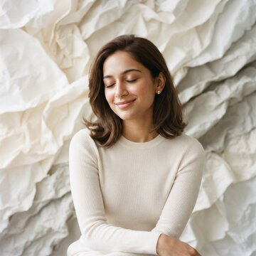 Portrait of a peaceful woman. Young lady relaxing against a textured white paper background.