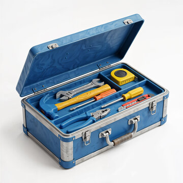 Premium handcrafted clay style open toolbox with organized hand tools isolated on white background, ideal for workshop, repair, maintenance, construction, and commercial projects.