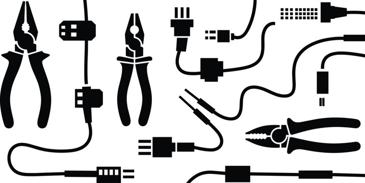 Black and white of hand tools, gears, and mechanical parts wrench hammer screwdriver pliers