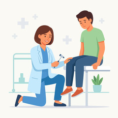 Fototapeta premium Doctor examining patient's knee reflex with reflex hammer in a modern clinic, vector illustration, healthcare concept.