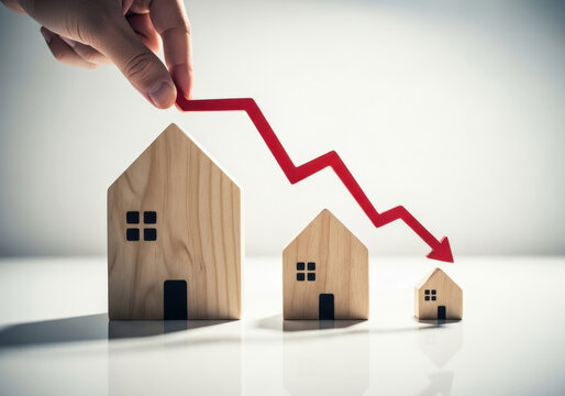 Wooden model house figurines arranged in descending size order with red arrow graph line indicating real estate market crash and investment loss.