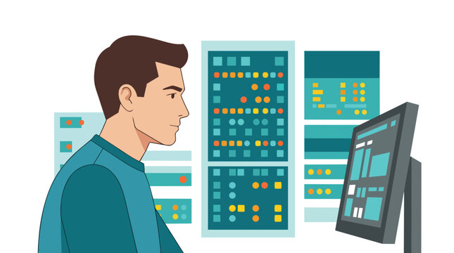 Cybersecurity specialist monitoring server data dashboards in modern vector illustration for it infrastructure management