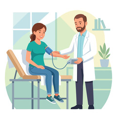 Fototapeta premium Doctor measuring patient's blood pressure with sphygmomanometer in a clinic or hospital room.