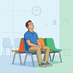 Fototapeta premium Man sitting patiently in a waiting room, looking up at the clock, vector illustration