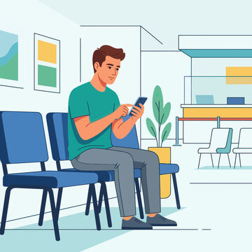 Man Sitting in Waiting Room Using Mobile Phone
