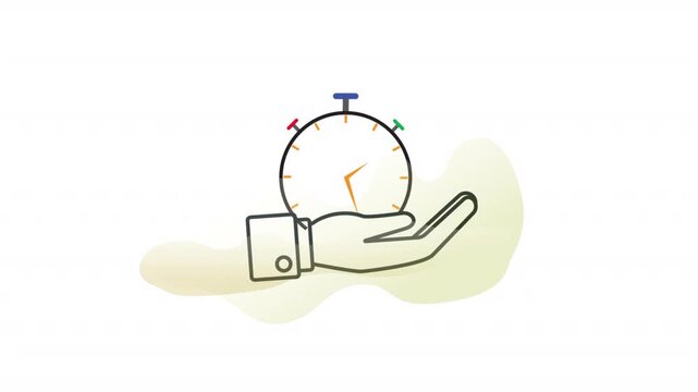 Outline animated footage of stopwatch above hand icon, symbolizing time as critical business resource, deadlines, and efficiency
