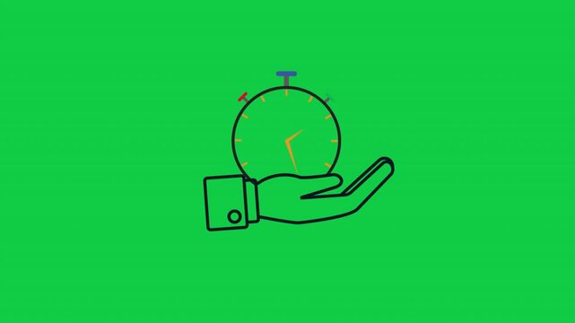 Outline animated footage of stopwatch above hand icon, symbolizing time as critical business resource, deadlines, and efficiency in green screen 