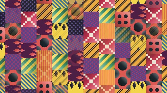 Seamless bauhaus pattern loop in yellow, black, orange - trendy animated 4K motion background for video editing, social media and presentation