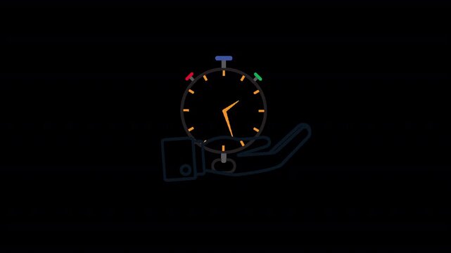 Outline animated footage of stopwatch above hand icon, symbolizing time as critical business resource, deadlines, and efficiency in alpha channel 