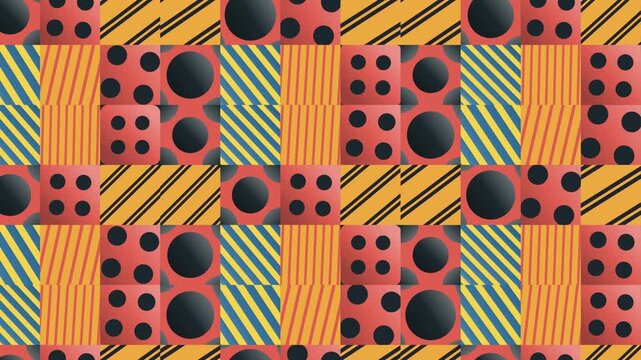 Seamless bauhaus pattern loop in yellow, black, orange - minimalist animated 4K motion background for video editing, social media and presentation