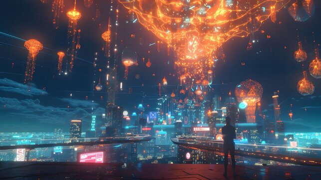 Fiery Orange Energy Neural Network Exploding Above Cyberpunk Megacity Horizon