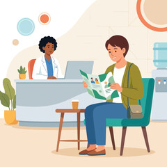 Fototapeta premium Patient reads brochure in medical waiting room while doctor works at desk
