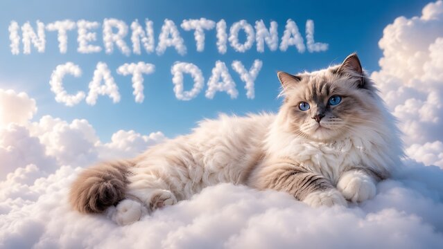 Beautiful fluffy ragdoll cat lying on soft white clouds with International Cat Day text written in the blue sky, AI generated
