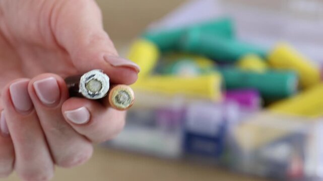 Woman with used alkaline batteries at table, closeup. Waste recycling