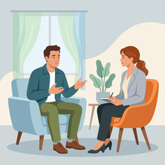 Fototapeta premium Psychological counseling session: man talking to therapist, vector illustration, mental health support