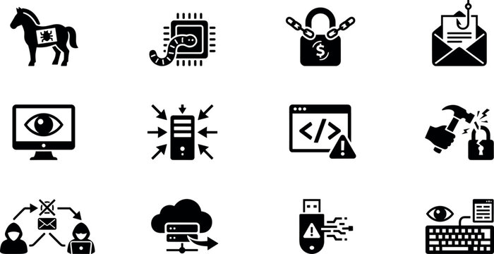 Cyber Security Malware and Hacker Threat Icon Set for Digital Network Vulnerability Information Protection Systems vector illustration style