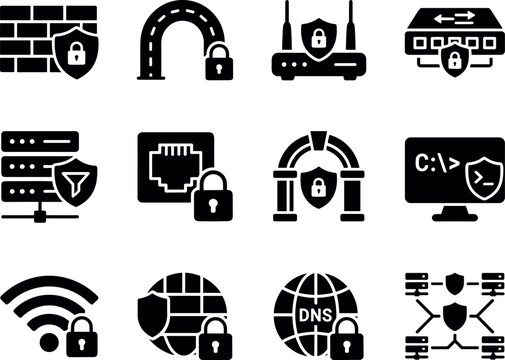 Cyber Security Infrastructure and Local Network Hardware Protection Icon Set for Private Virtual Data Traffic Encryption Systems vector design