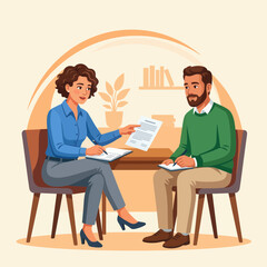 Fototapeta premium Business Meeting Illustration: Woman Handing Document to Man, Professional Collaboration and Discussion