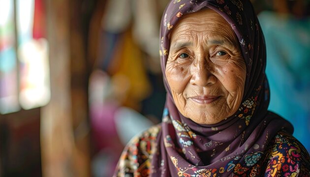 Portrait of a Smiling Elderly Muslim Woman in Purple Hijab