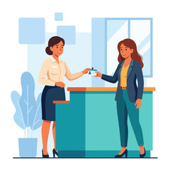Fototapeta premium Businesswoman presents ID badge at reception desk, receiving access or service from administrator.