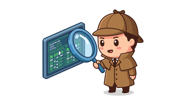 Cute cartoon detective character examining a digital screen with a magnifying glass.
