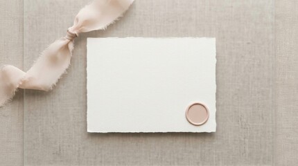 Fototapeta premium Elegant Blank Invitation Card with Wax Seal and Silk Ribbon Mockup