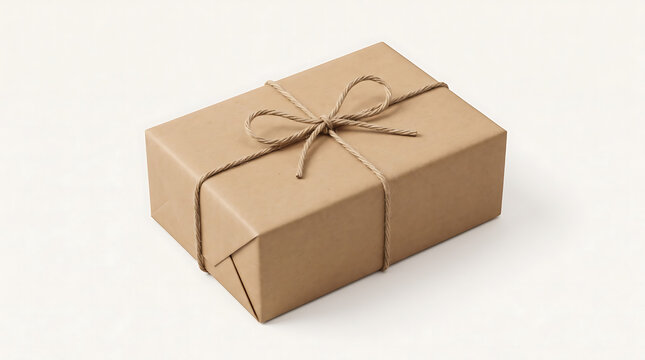 Rectangular kraft paper wrapped gift box tied with string on white background