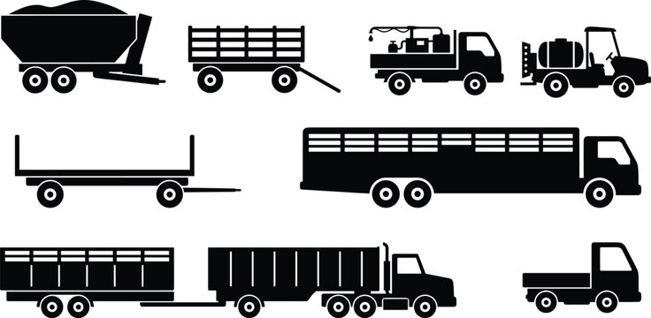 Agricultural and commercial transportation vehicle silhouette icon set including cargo trucks, livestock trailers, and utility carts