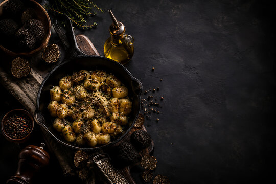 Potato gnocchi with black truffle in cast iron skillet on dark background
