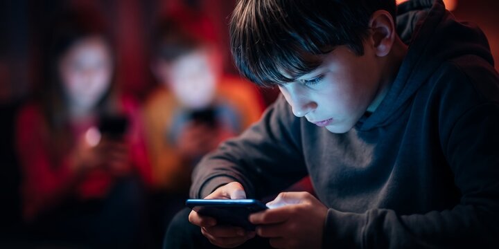 Young boy looking intently at glowing smartphone screen in dark room with blurred friends, concept for digital addiction, mobile gaming awareness and youth tech dependence