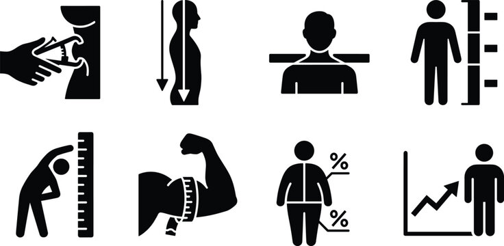 Body measurement and fitness assessment solid black icon set featuring body fat caliper height chart and tape measure