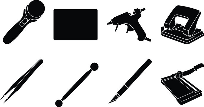 DIY crafting and scrapbooking tools solid black icon set featuring glue gun craft knife and paper trimmer