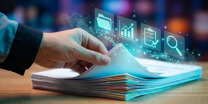 Businessman hand flipping stack of paper documents on wooden desk with glowing digital icons, concept for document management, data analysis and digital transformation