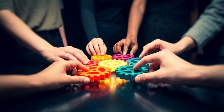 Diverse business people hands connecting vibrant colorful gear cogs together on dark surface, concept for teamwork collaboration, business process integration and corporate strategy