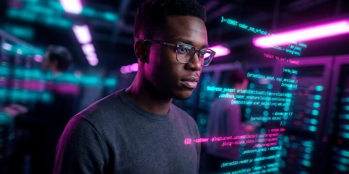 focused black male programmer wearing glasses looking at code screen overlay in server room with neon light, concept for software development, cyber security and cloud computing