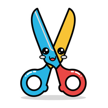 Colorful cartoon scissors with smiling face.