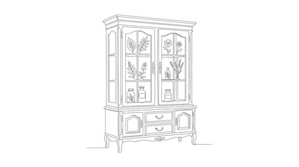Fototapeta premium Continuous Line Drawing of Vintage Display Cabinet with Botanical Jars