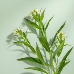 Fototapeta premium Botanical still life featuring white flowering stems and green leaves on a light mint green background with sharp shadows from direct light, top view floral arrangement.