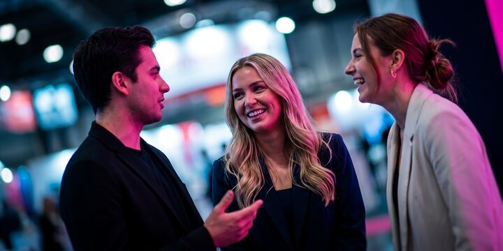 Group of happy young business professionals talking together at modern corporate trade show event, concept for professional networking, business communication and career opportunities