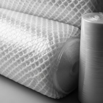 Close-up view of industrial packaging material rolls featuring white plastic stretch wrap film and protective diamond-patterned foam mesh netting used for shipping and logistics.