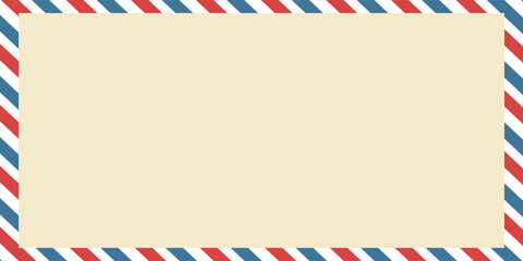 Obraz premium Vintage airmail postcard back template with diagonal blue and red stripe. Travel post card blank backside. Air mail envelope frame with postage place. Vector illustration isolated on white