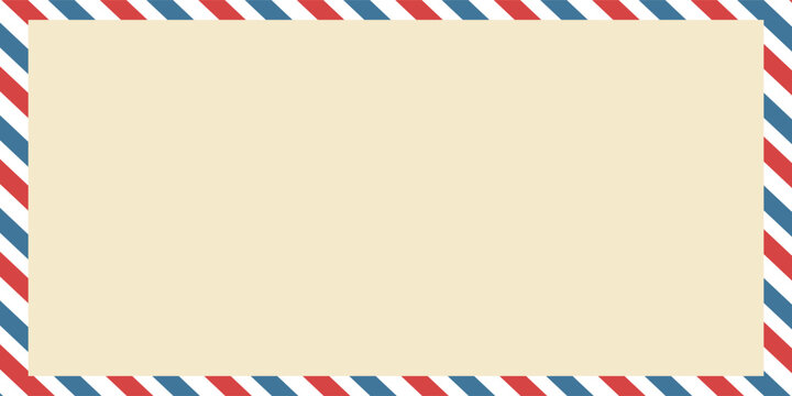 Vintage airmail postcard back template with diagonal blue and red stripe. Travel post card blank backside. Air mail envelope frame with postage place. Vector illustration isolated on white