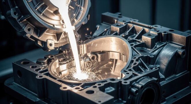 Sequence capture of magnesium stream being injected under high pressure into gearbox housing mold cavity for lightweight casting.